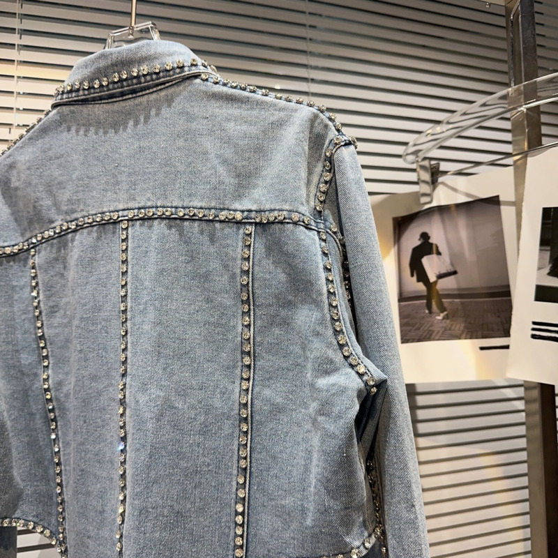 Womens Jackets BORVEMAYS Tassel Diamonds Patchwork Denim Jacket Autumn Women Lapel Singlebreasted Long Sleeve Street Trend Coat WZ3697 230726