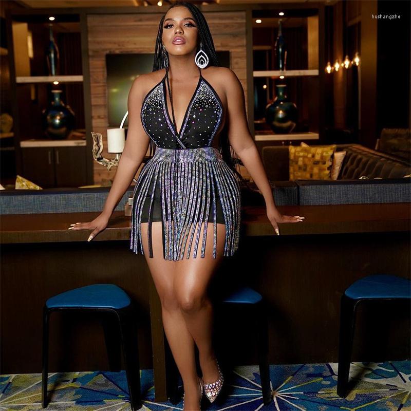 Casual Dresses Women Diamonds Rhinestones Spaghetti Strap V Neck Dress Sexy Party Club Bodycon Mini Tassel Clubwear