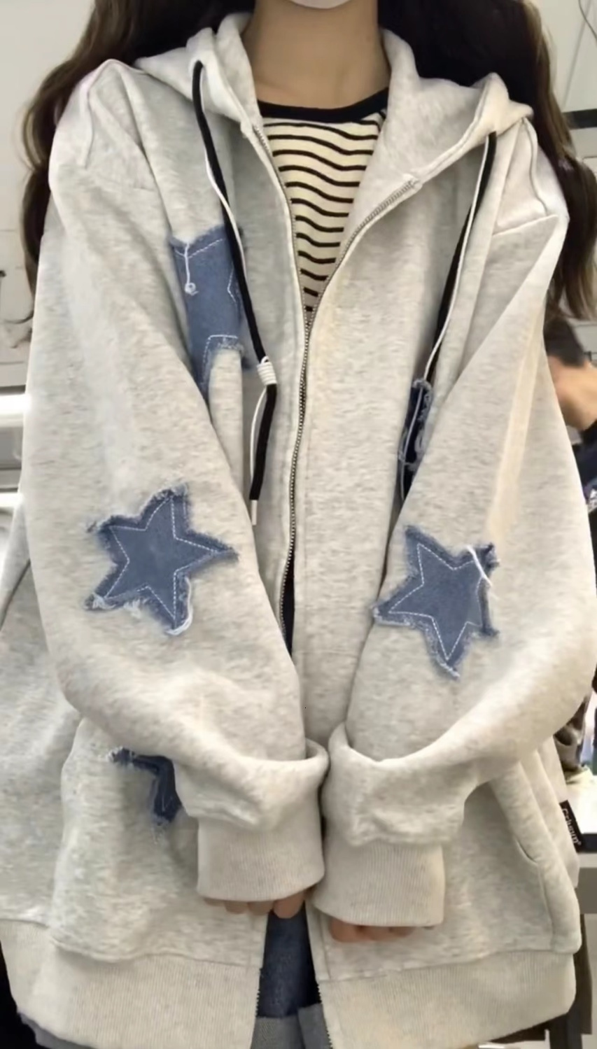Womens Hoodies Sweatshirts Star Zip Up Hoodie Y2k Fashion High Street Hip Hop Flocking Women Clothing Loose Sweatshirt Clothes Tops Gothic Korean 2307