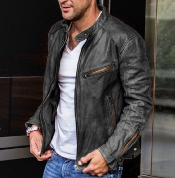 2023 Men's Jackets Winter Fashion Leather Jacket Punk Motorcycle Pu Stand Collar Zipper Coat Solid Casual Coats