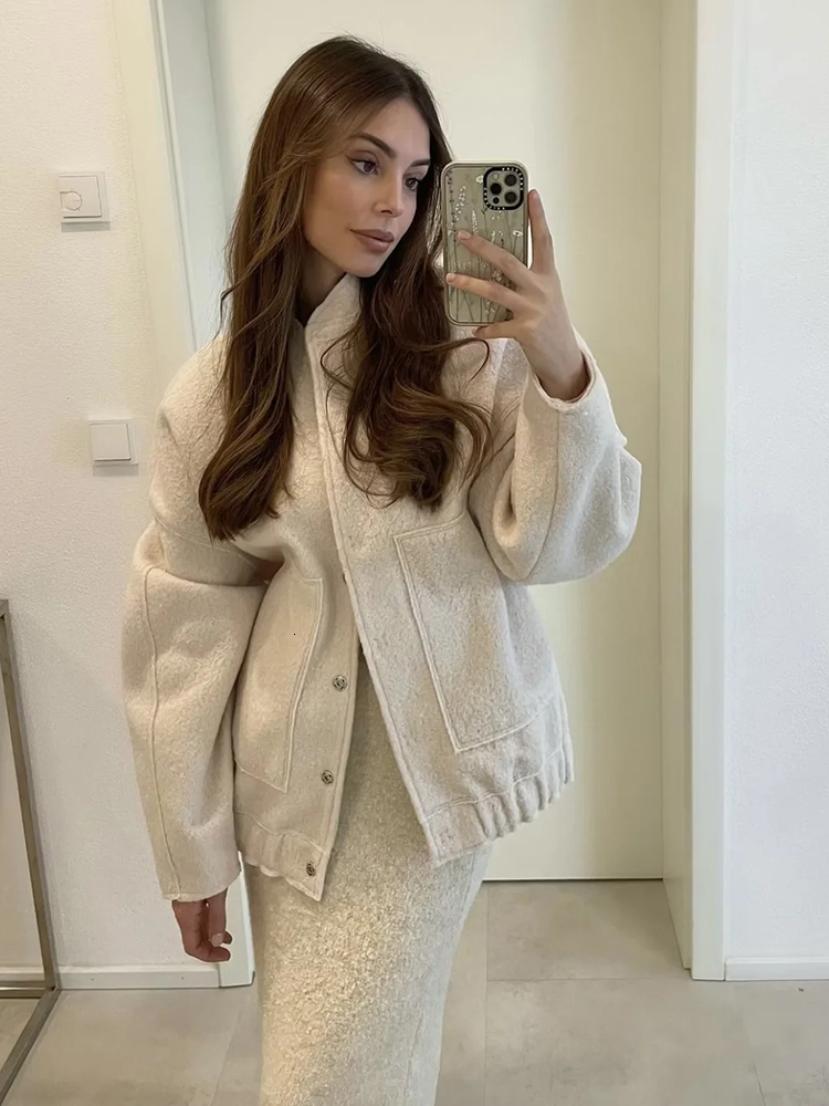 Women's Jackets SLMD 2023 Women Gray Bomber Outwear Button Solid Long Sleeve Casual Loose Coat traf ins 230726