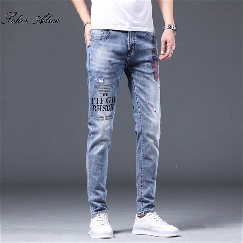 Men's Jeans Classic Letter Print Slim MidWaist StraightLeg Fashion AllMatch Casual Pants 230725