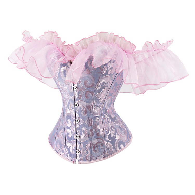 Jacquard Brocade Overbust Corset Top with Off-shoulder Dramatic Ruffle Satin Sleeves Women Fashion Shapewear Corpete Korset