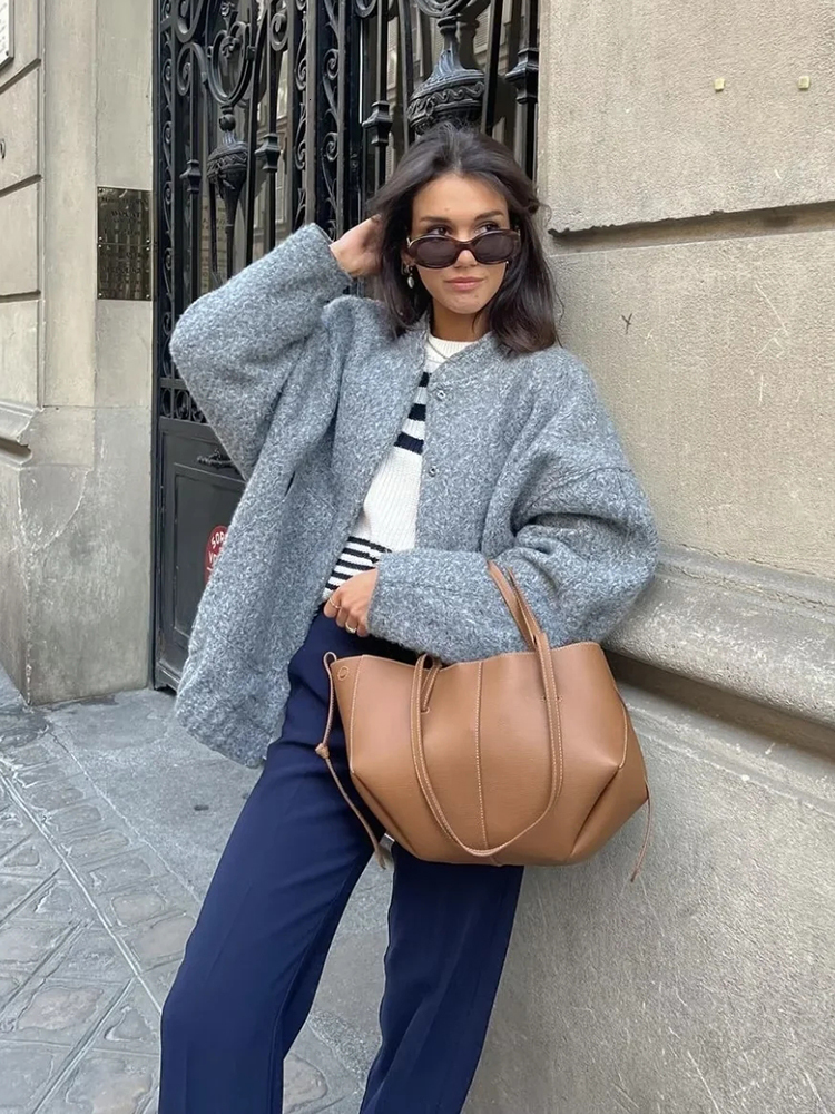 Women's Jackets SLMD 2023 Women Gray Bomber Outwear Button Solid Long Sleeve Casual Loose Coat traf ins 230726