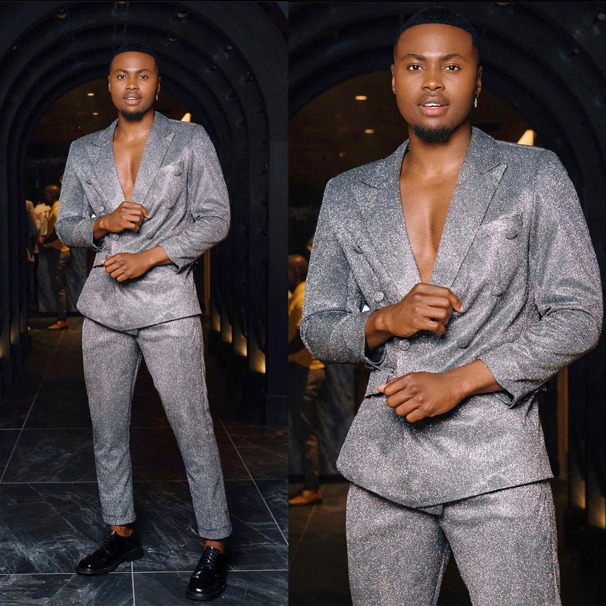 Fashion Wedding Tuxedos Men Suits Peaked Lapel Double Breasted Gold Silver Elastic Fabric Customize 2 Pieces Coat Pants Fashion Formal Casual Prom Tai