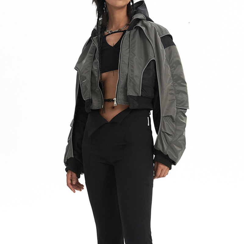 Womens Jackets Retro Coa FemaleTop Autumn Army Green Contrasting Color Patchwork Personalized Hooded Short Jacket Women 230726