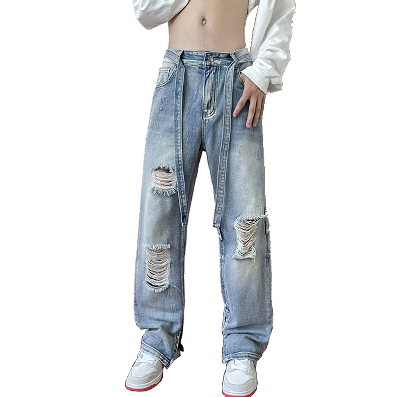 Men's Jeans Ripped Holes Men Ribbon Baggy Fashion Denim Wide Leg Trousers Casual Retro Blue Hip Hop Korean Pants 230725