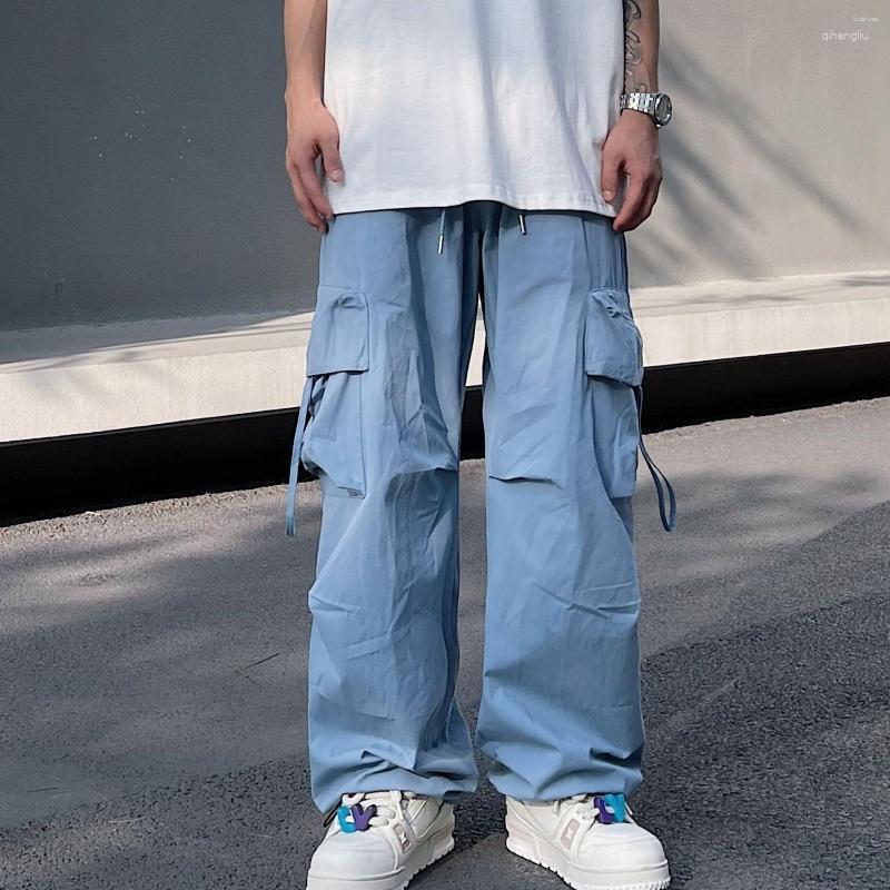 Men's Pants Men's American Retro Straight Blue Multi-pocket Overalls Paratrooper Style Loose Wide-leg Street Trend Hip-hop Y2K