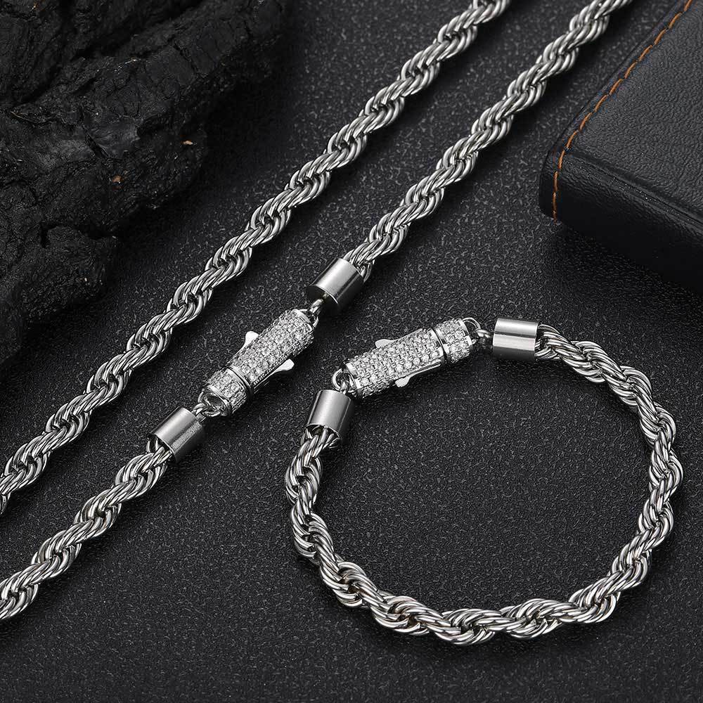 Stainless Steel Silver Twist Rope Chain Necklace Bracelet Jewelry with Zircon Clasp