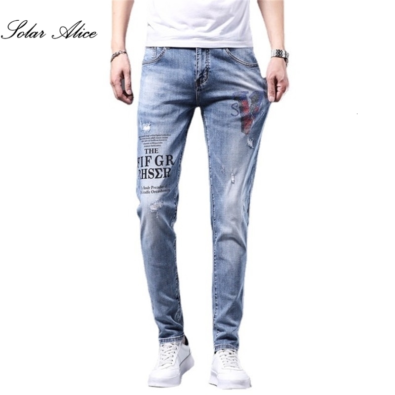 Men's Jeans Classic Letter Print Slim MidWaist StraightLeg Fashion AllMatch Casual Pants 230725