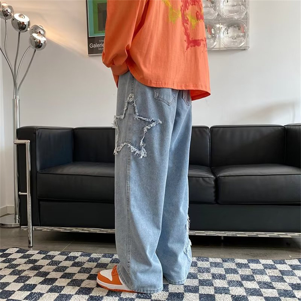 Mens Jeans High Street Star Embroidered Men Retro Washed Patch Loose Wide Leg Pants American Casual Straight Y2K 230725