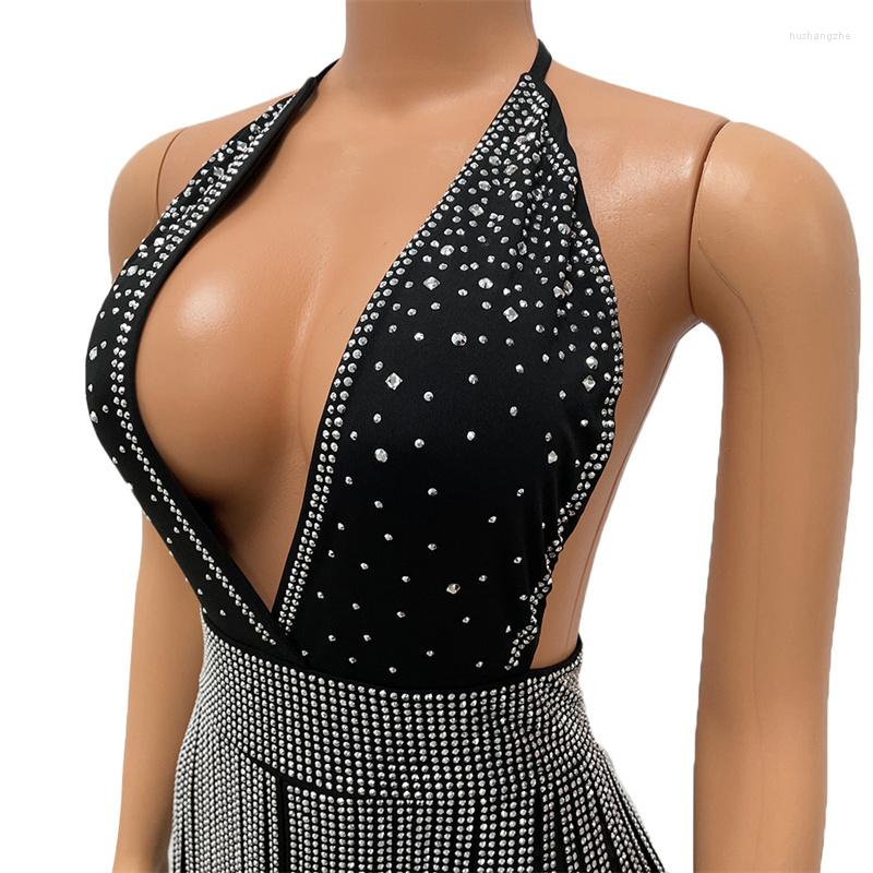 Casual Dresses Women Diamonds Rhinestones Spaghetti Strap V Neck Dress Sexy Party Club Bodycon Mini Tassel Clubwear