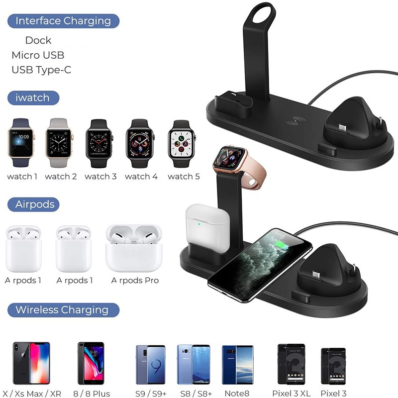 2023 Newly Holder Phone Popular Multifunctional 6 in1 Wireless Charger Fast Charging Dock Stand Desktop Charging Station