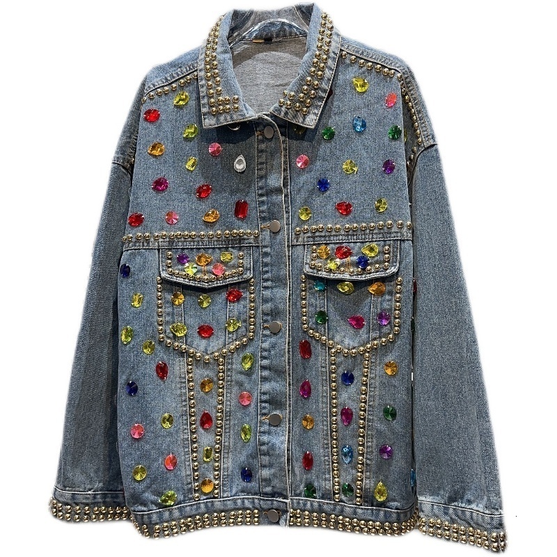 Womens Jackets BORVEMAYS Colours Diamonds Patchwork Denim Jacket Street Temperament Lapel Singlebreasted Long Sleeve Loose Coat Autumn WZ3702 230726