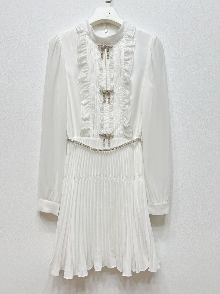 New-S-elf-Portrait Chiffon Pleated Dress Round Neck Long Sleeve Mini Dress for Women