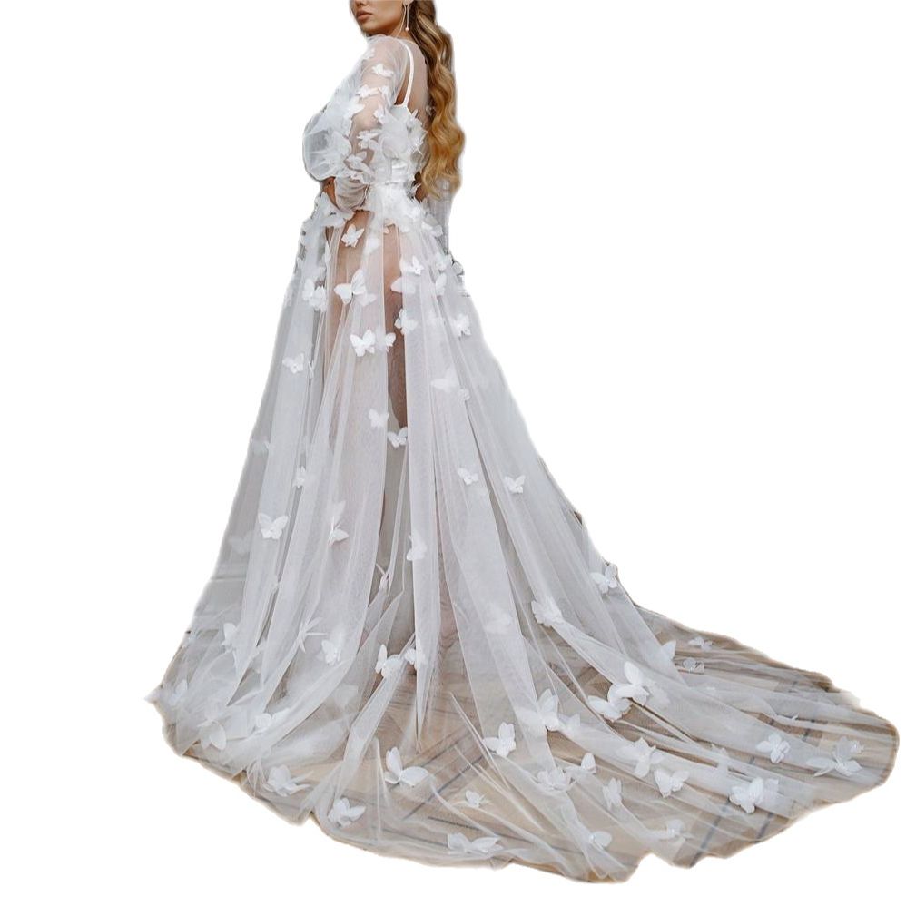 Butterfly Appliques Tulle Bridal Robe Sleepwear Long Sleeve Lingerie Wedding Evening Bathrobe Nightwear Custom Made Robe Gowns