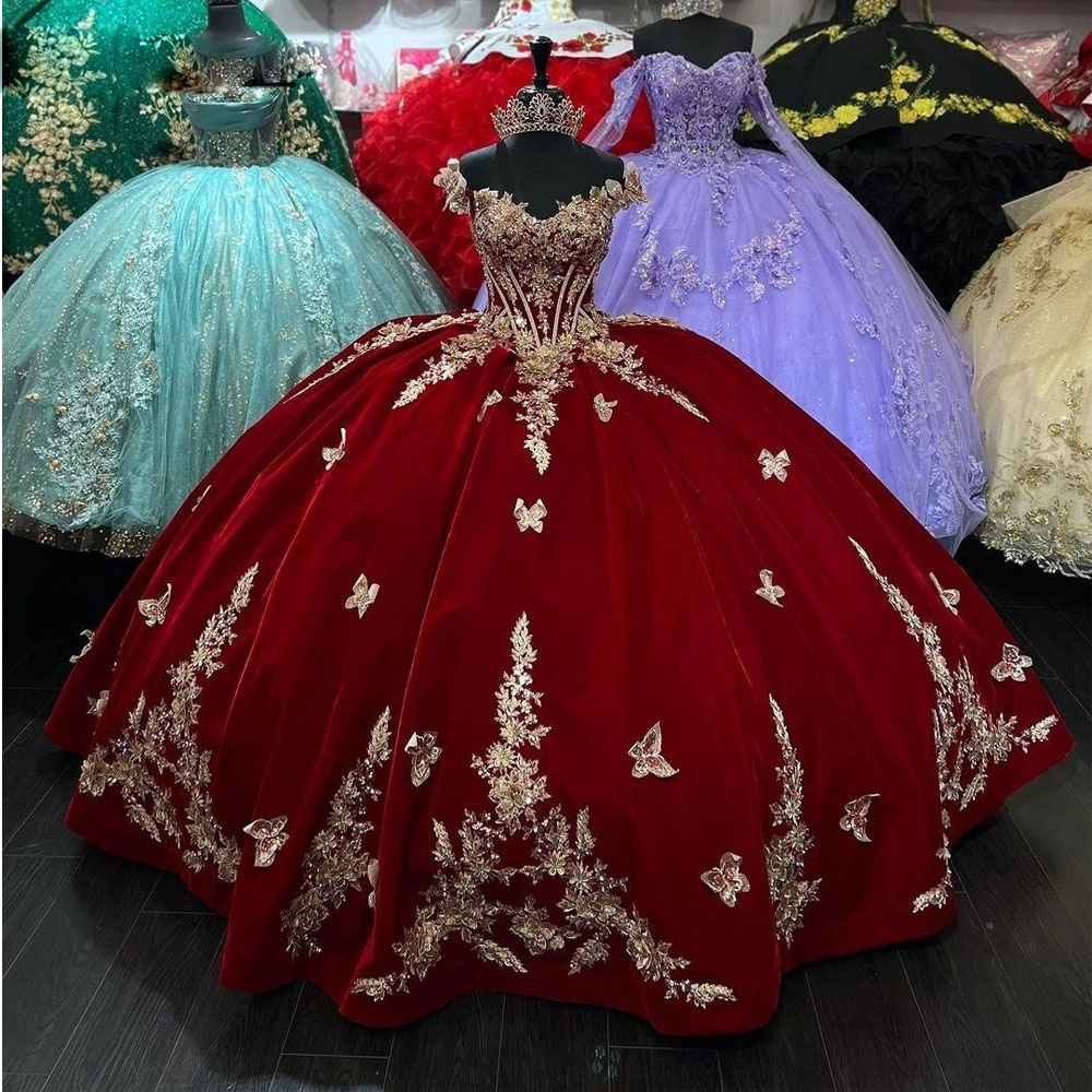 Dark Red Velvet Quinceanera Dresses Gold Appliques with Butterfly Sweet 15 Prom Gown Off Shoulder Ball Gown Junior Girls Birthday Party Dress
