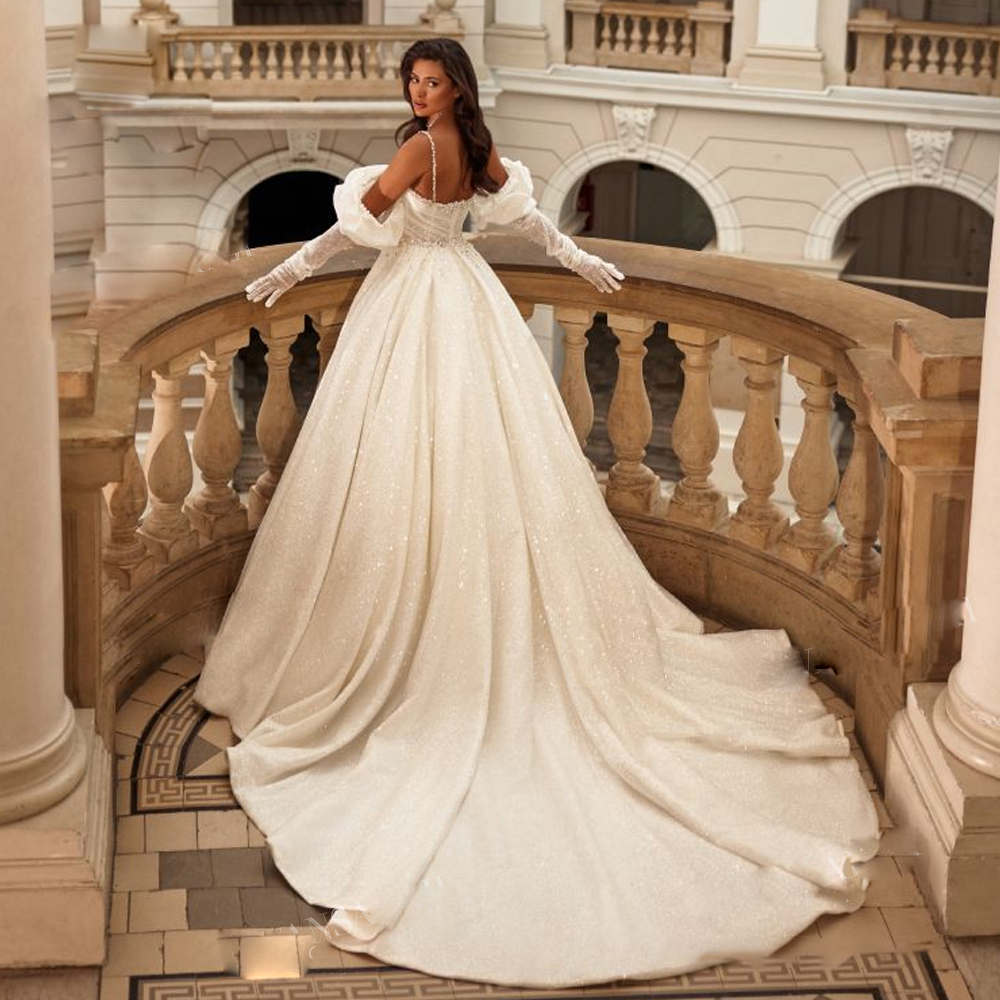 Sparking Glitter Ball Gown Wedding Dresses Spaghetti Strap Beaded Bride Gown Off the Shoulder Princess Plus Size Vestido De Novia