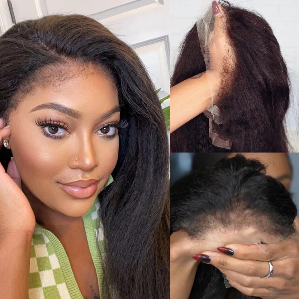 Yaki straight wig 360 peruvian full lace kinky straight lace wig perruque hd transparent 360 lace frontal wig with 4c edge baby hair natural hairline