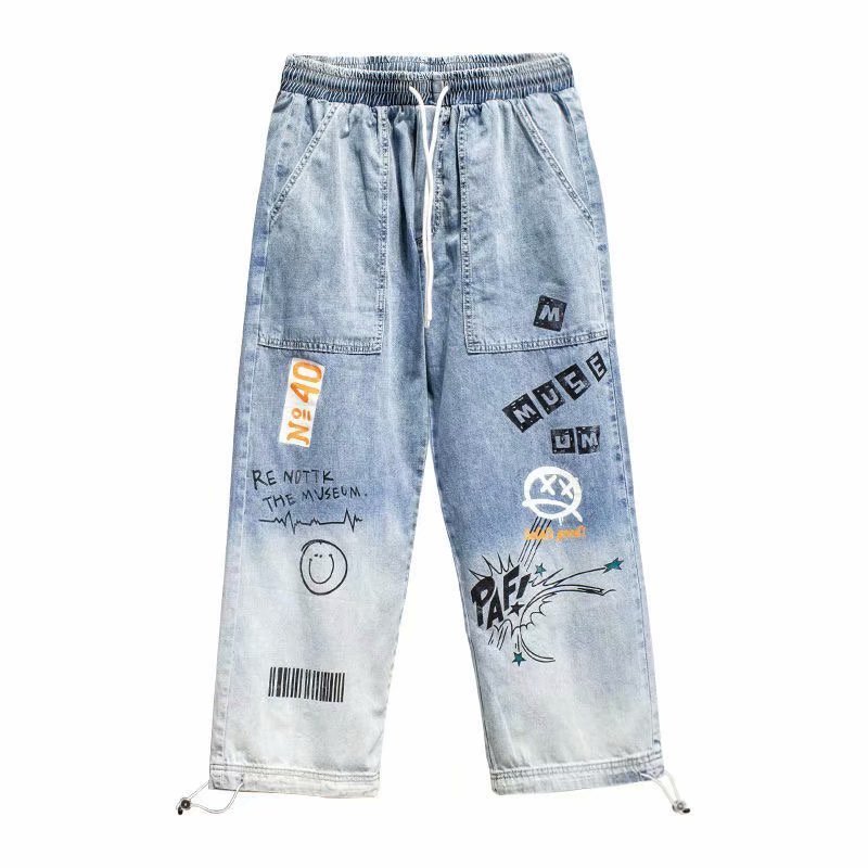 Men's Jeans jeans autumn letter printing baggy Hip hop men cargo pants Streetwear Cartoon Graffiti Drawstring Denim trousers 230725