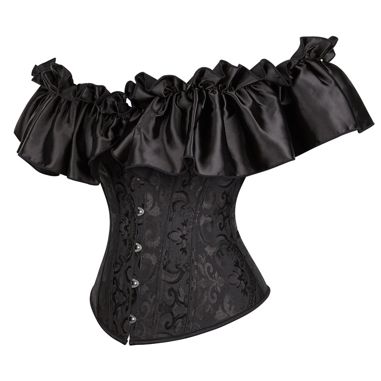 Jacquard Brocade Overbust Corset Top with Off-shoulder Dramatic Ruffle Satin Sleeves Women Fashion Shapewear Corpete Korset
