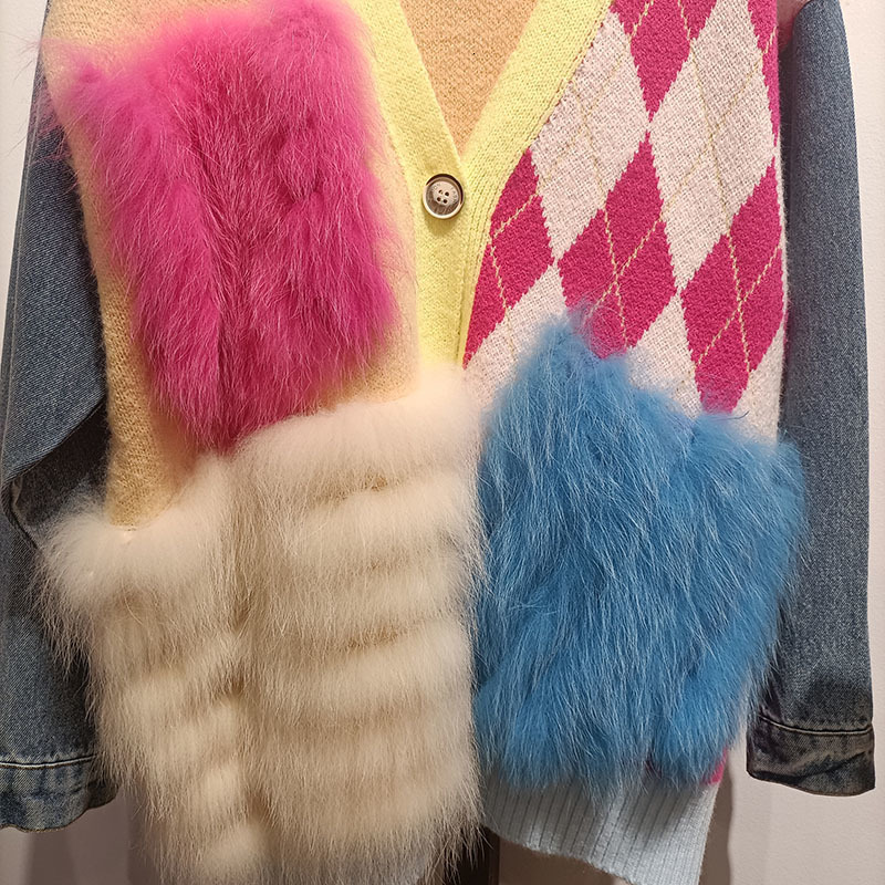 Women's Knits Tee Loose Knitted Cardigans With Real Fur Stripe Fashion Female Autumn Jacket Outwear Genuine 230725