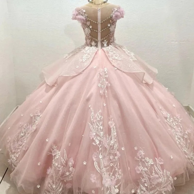 Pink Sweet Party wer Quinceanera Dresses Lace Crystal Beading 3Dwer Back Pearls Neck Vestidos De 15 Anos