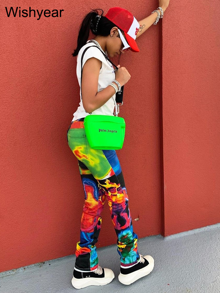 Women's Pants Capris year High Waist Straight Pant Streetwear Colorful Printed Cargo Pants Summer Women Clothing Party Trousers y2k Sweatpants 23