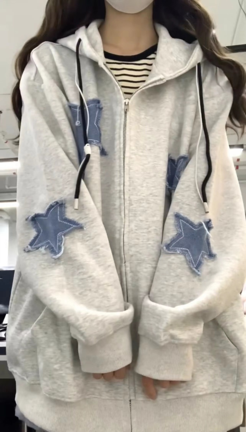 Womens Hoodies Sweatshirts Star Zip Up Hoodie Y2k Fashion High Street Hip Hop Flocking Women Clothing Loose Sweatshirt Clothes Tops Gothic Korean 2307