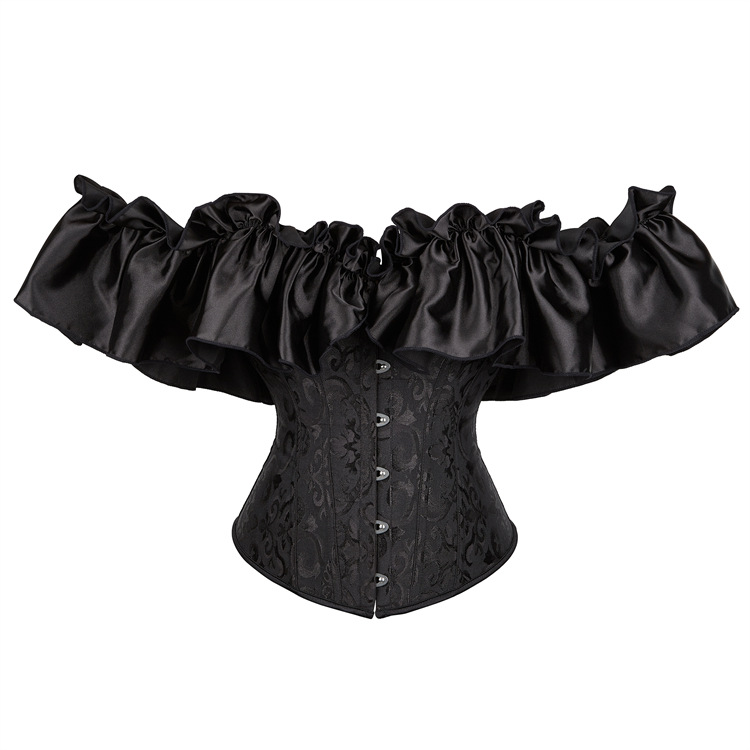 Jacquard Brocade Overbust Corset Top with Off-shoulder Dramatic Ruffle Satin Sleeves Women Fashion Shapewear Corpete Korset
