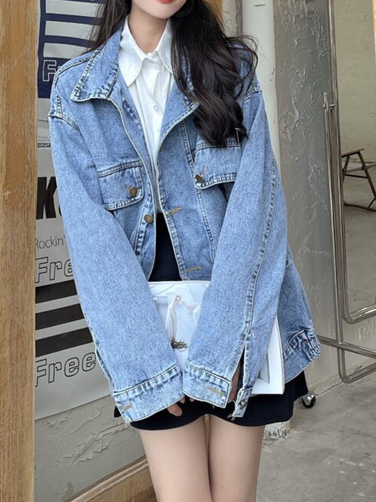 Womens Jackets Streetwear Femlae Vintage Loose Blue Denim Jacket Spring Autumn Women Single Breasted Lapel Retro Jeans Coat Outwear 230726
