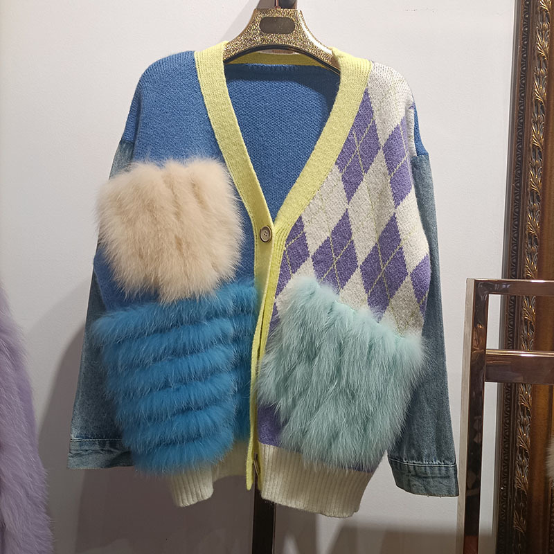 Women's Knits Tee Loose Knitted Cardigans With Real Fur Stripe Fashion Female Autumn Jacket Outwear Genuine 230725