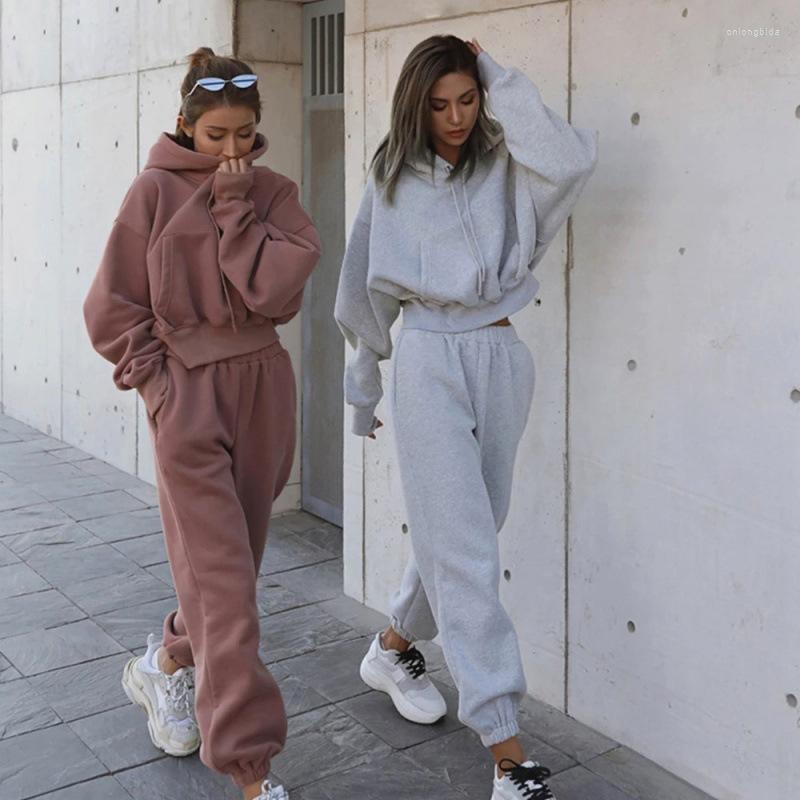 Women's Hoodies Kpop Autumn/Winter Casual Sweater Coat Sports Suit Femme Solid Color Fashion Hoodie Pullover 2-Piece Loose Jogging Pants