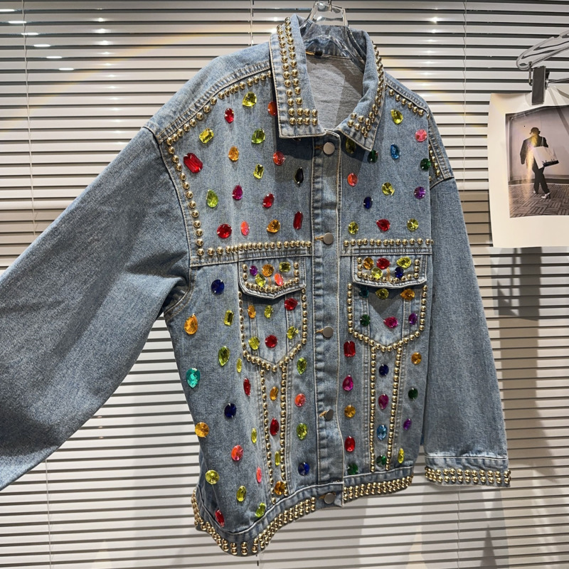 Womens Jackets BORVEMAYS Colours Diamonds Patchwork Denim Jacket Street Temperament Lapel Singlebreasted Long Sleeve Loose Coat Autumn WZ3702 230726