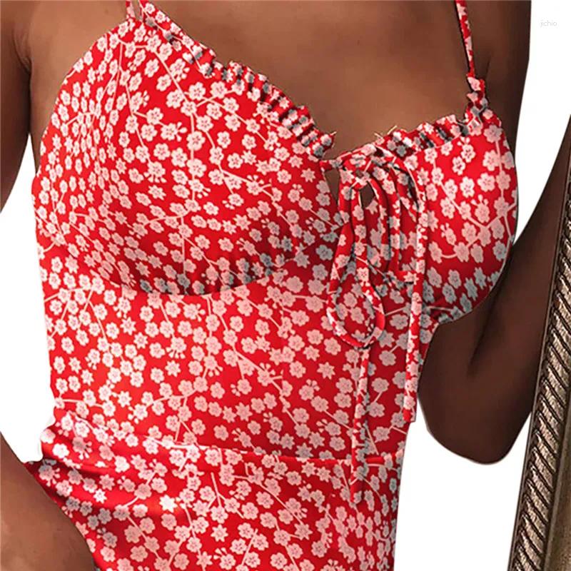 Casual Dresses Vintage Floral Dress Sling Sleeveless Summer Bandage Lace Up Mini Bustier Cocktail Party Sundress Vestidos