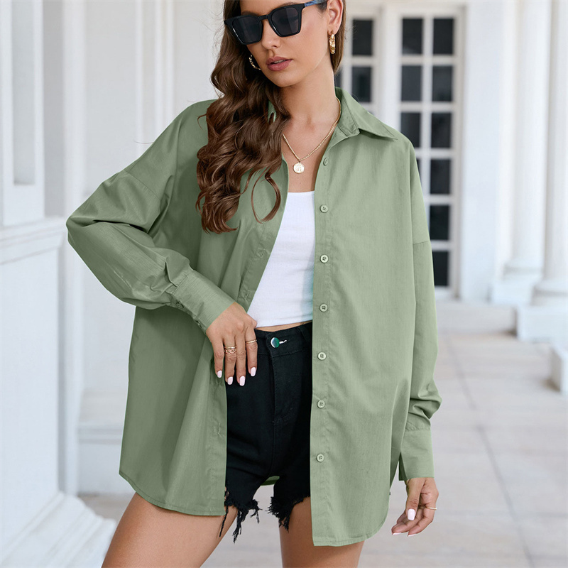 Womens Candy Colors Shirt Women Beautiful Blouses with Collar 2023 Summer Green Button Up Shirts Oversized Long Sleeve Top