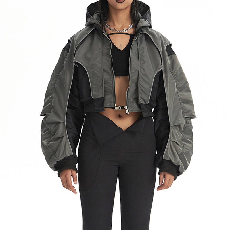 Womens Jackets Retro Coa FemaleTop Autumn Army Green Contrasting Color Patchwork Personalized Hooded Short Jacket Women 230726