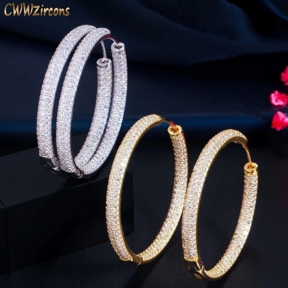 Stud CWWZircons Stunning Double Sided Cubic Zirconia Big Circle Round Hoop Earrings for Women Trendy Gold Color Jewelery CZ843 230725