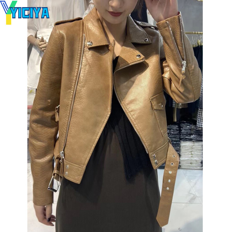 Womens Jackets YICIYA Leather Short Jacket Vintage bomber Women Slim winter Streetwear Female Belt Zipper Moto Biker Coat Outwear jackets 230726