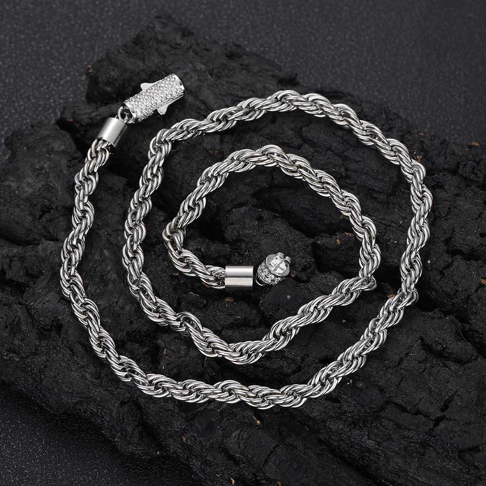 Stainless Steel Silver Twist Rope Chain Necklace Bracelet Jewelry with Zircon Clasp