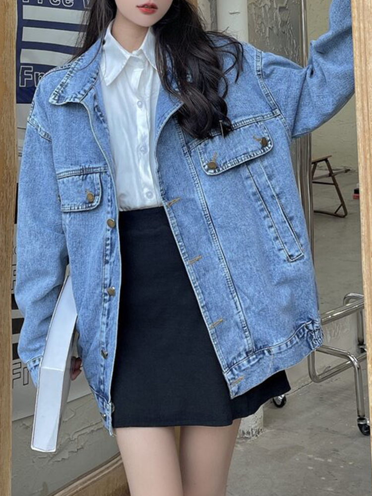 Womens Jackets Streetwear Femlae Vintage Loose Blue Denim Jacket Spring Autumn Women Single Breasted Lapel Retro Jeans Coat Outwear 230726