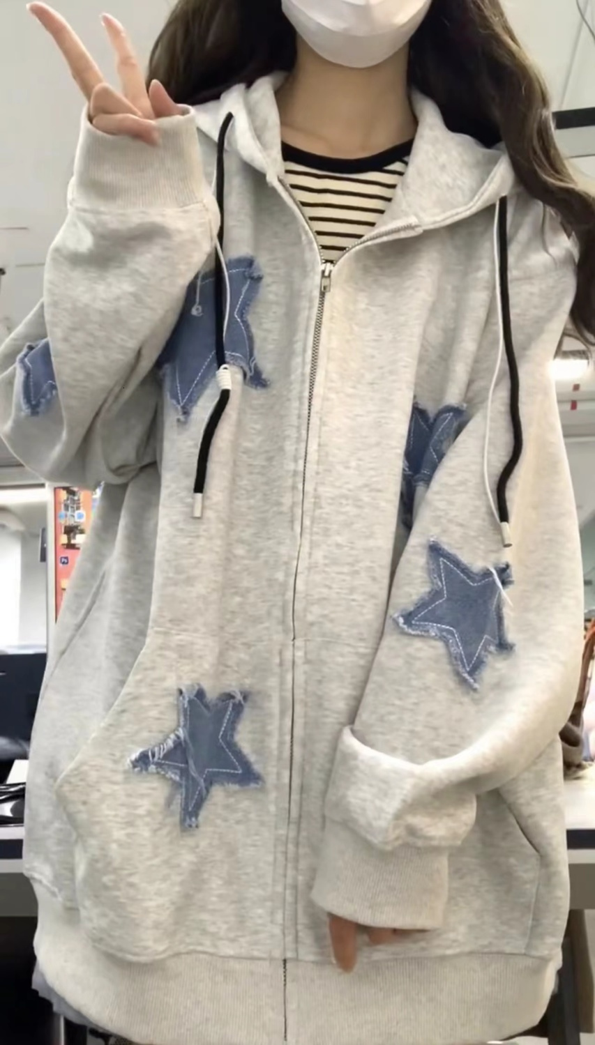Womens Hoodies Sweatshirts Star Zip Up Hoodie Y2k Fashion High Street Hip Hop Flocking Women Clothing Loose Sweatshirt Clothes Tops Gothic Korean 2307