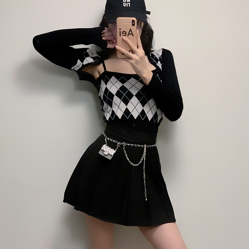 Women's Knits Tee 2 in 1 Argyle Strappy Knit Tank Super Crop Cardigan 230725