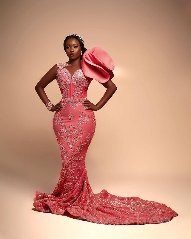 Aso Ebi Water Melon Prom Dress Sequined Lace Evening Formal Party Second Reception Birthday Engagement Gowns Dresses Robe De Soiree ZJ