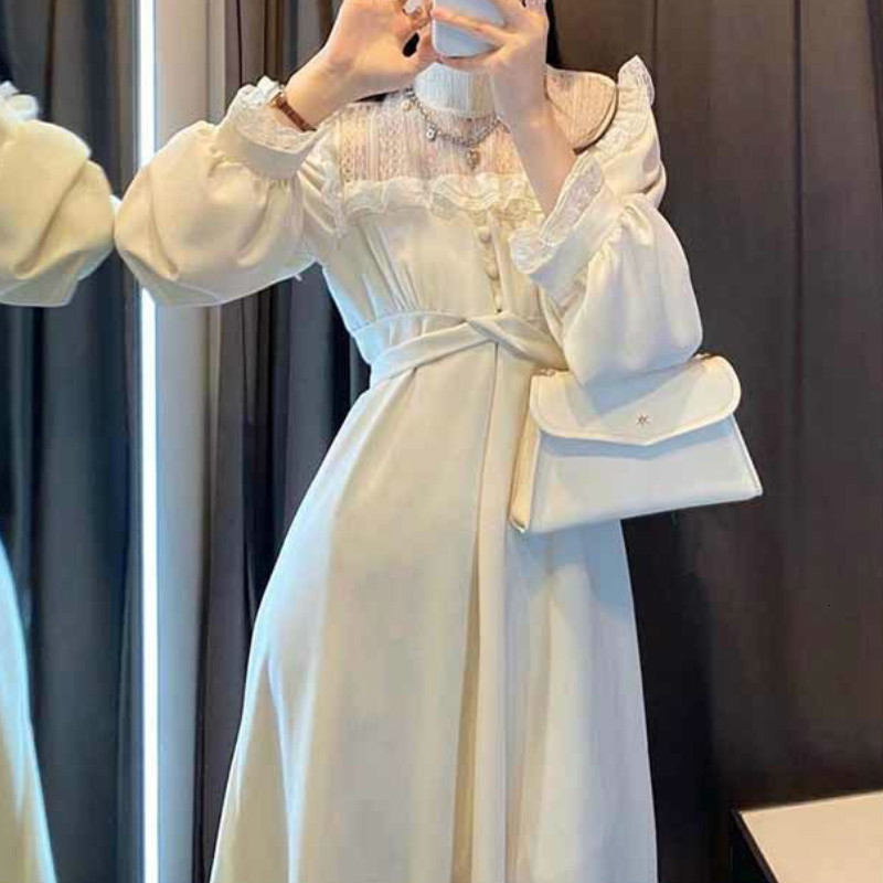 Basic Casual Dresses French Lace Vintage Dress Women Fashion Puffer Sleeve Elegant Dress Korean Spring High Street Slim Midi Dress Y2k 230725