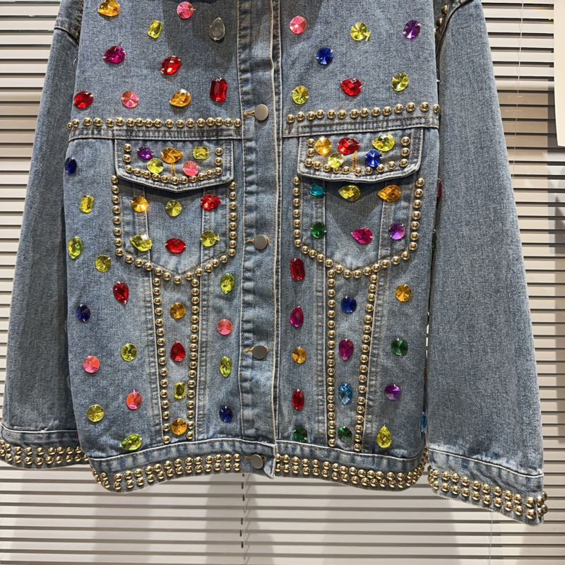 Womens Jackets BORVEMAYS Colours Diamonds Patchwork Denim Jacket Street Temperament Lapel Singlebreasted Long Sleeve Loose Coat Autumn WZ3702 230726