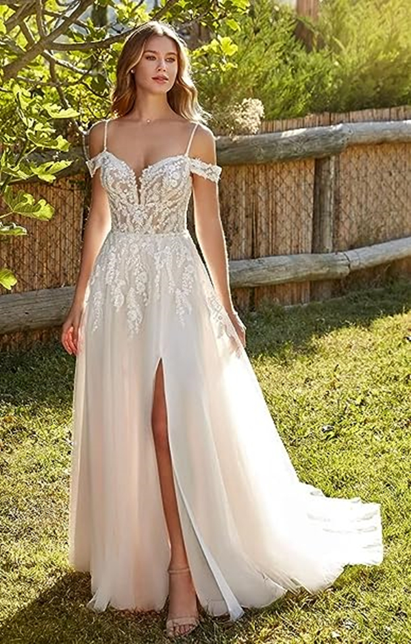 Plus Size Bridal Gowns Wedding Dresses Spaghetti Straps Lace Appliques Beadding Side Split A-Line Wedding Dress