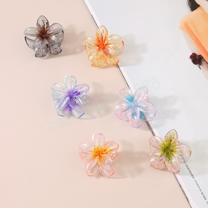 Korean Style 4cm Flower Hair Claw 2023 Fashion Transparent Glitter Powder Sweet Ponytail Holder Hair Clip Hair Accessories for Women