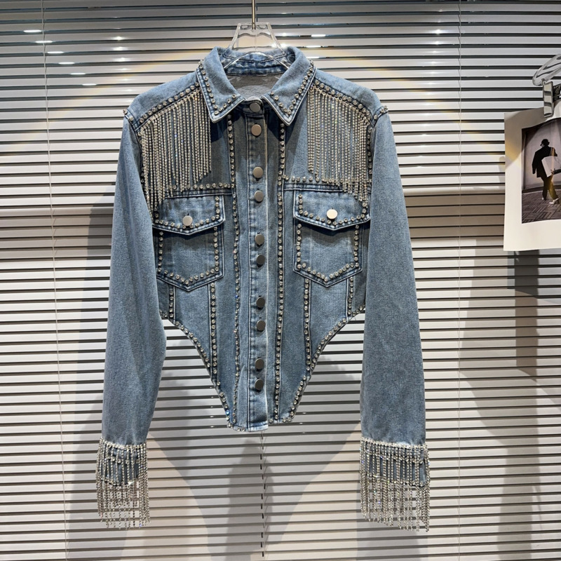 Womens Jackets BORVEMAYS Tassel Diamonds Patchwork Denim Jacket Autumn Women Lapel Singlebreasted Long Sleeve Street Trend Coat WZ3697 230726