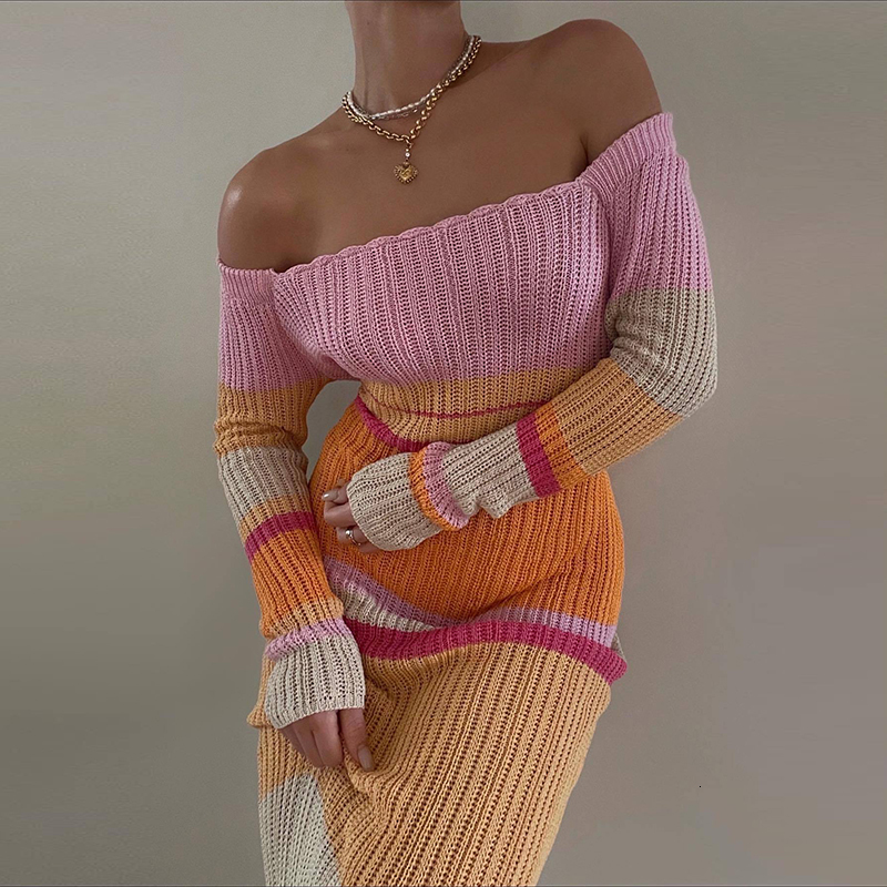 Basic Casual Dresses Y2K Vintage Striped Knitted Long Dress Leisure Style Off Shoulder Long Sleeve Bodycon Maxi Dress Chic Women Crochet Clothes 23072